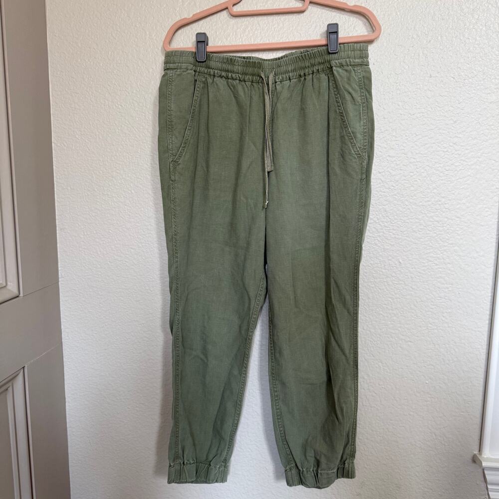J. Crew Seaside Crop Jogger Pant Size 8 Linen Blend Pull on Elastic Waist Olive